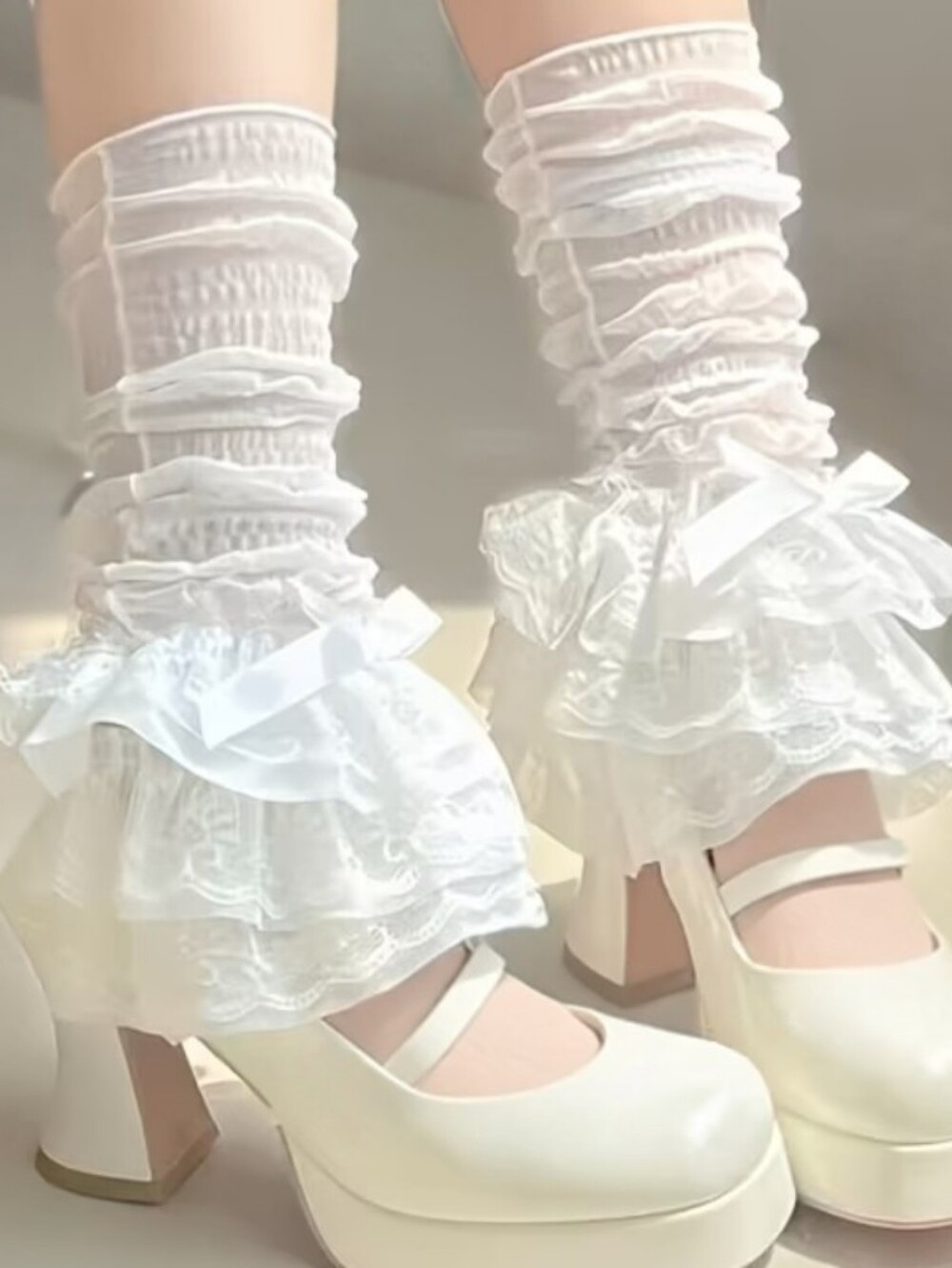 Lolita White Lace Mesh Leg Warmers Boot Cuffs With Ruffle Kawaii Style
